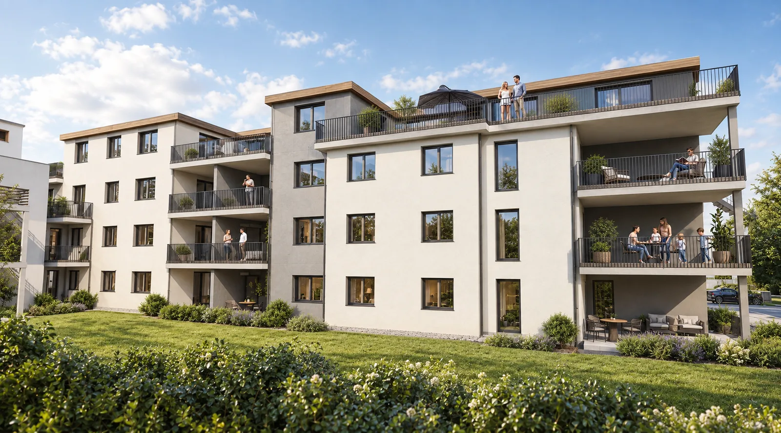 Lucianwiesen II Weikersheim — Außenansicht Gartenseite mit Bewohnern auf Balkonen und Dachterrasse