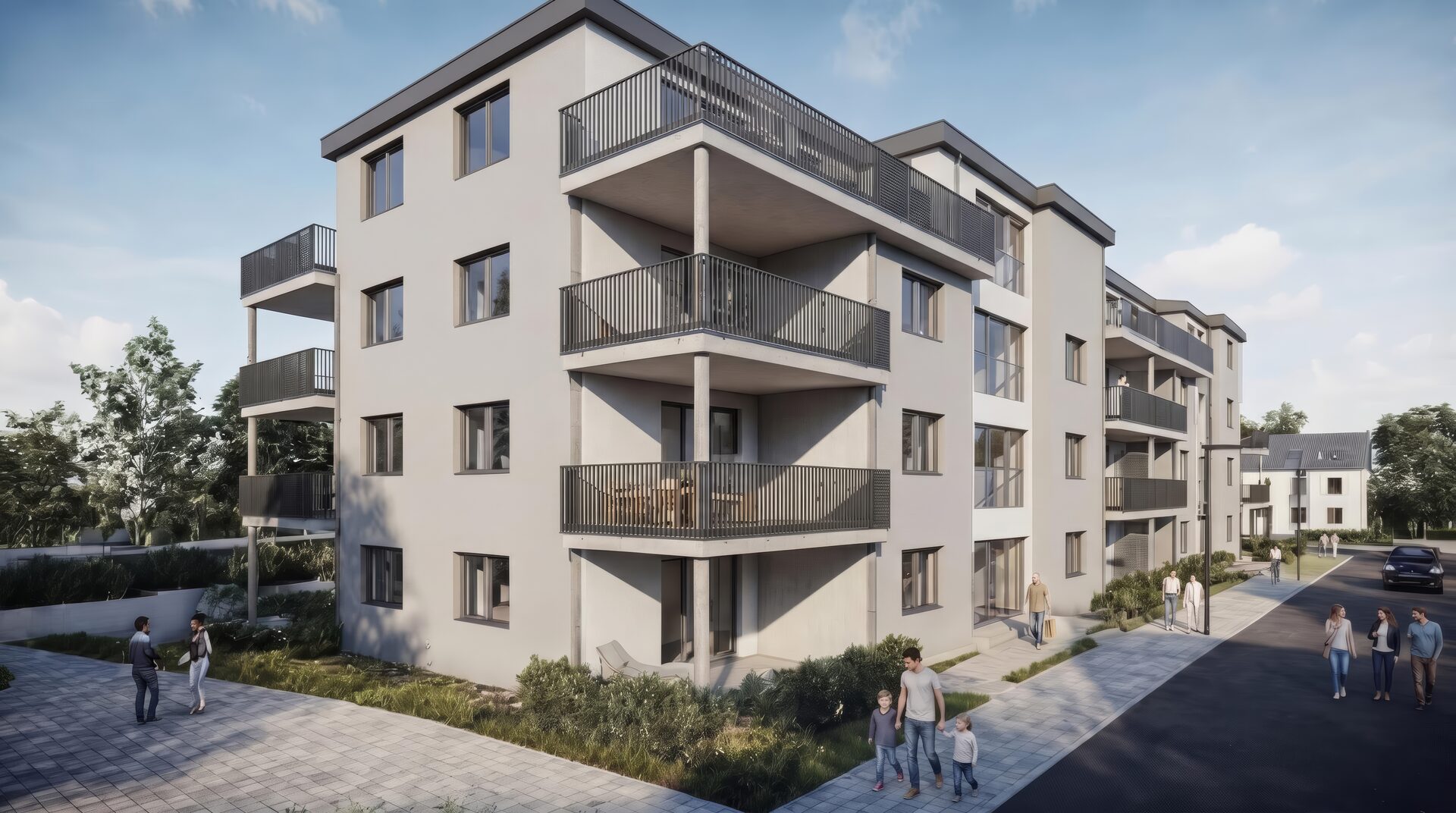 Lucianwiesen II Weikersheim — Außenansicht Bauabschnitt 2 mit Bewohnern auf Balkonen